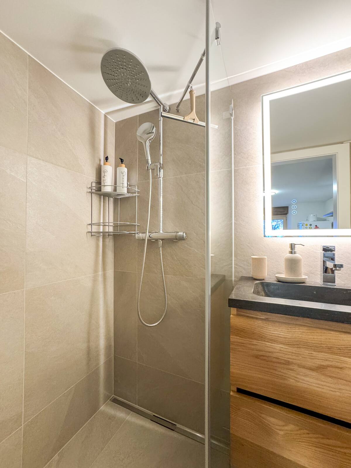 Walk-in shower with rainfall head